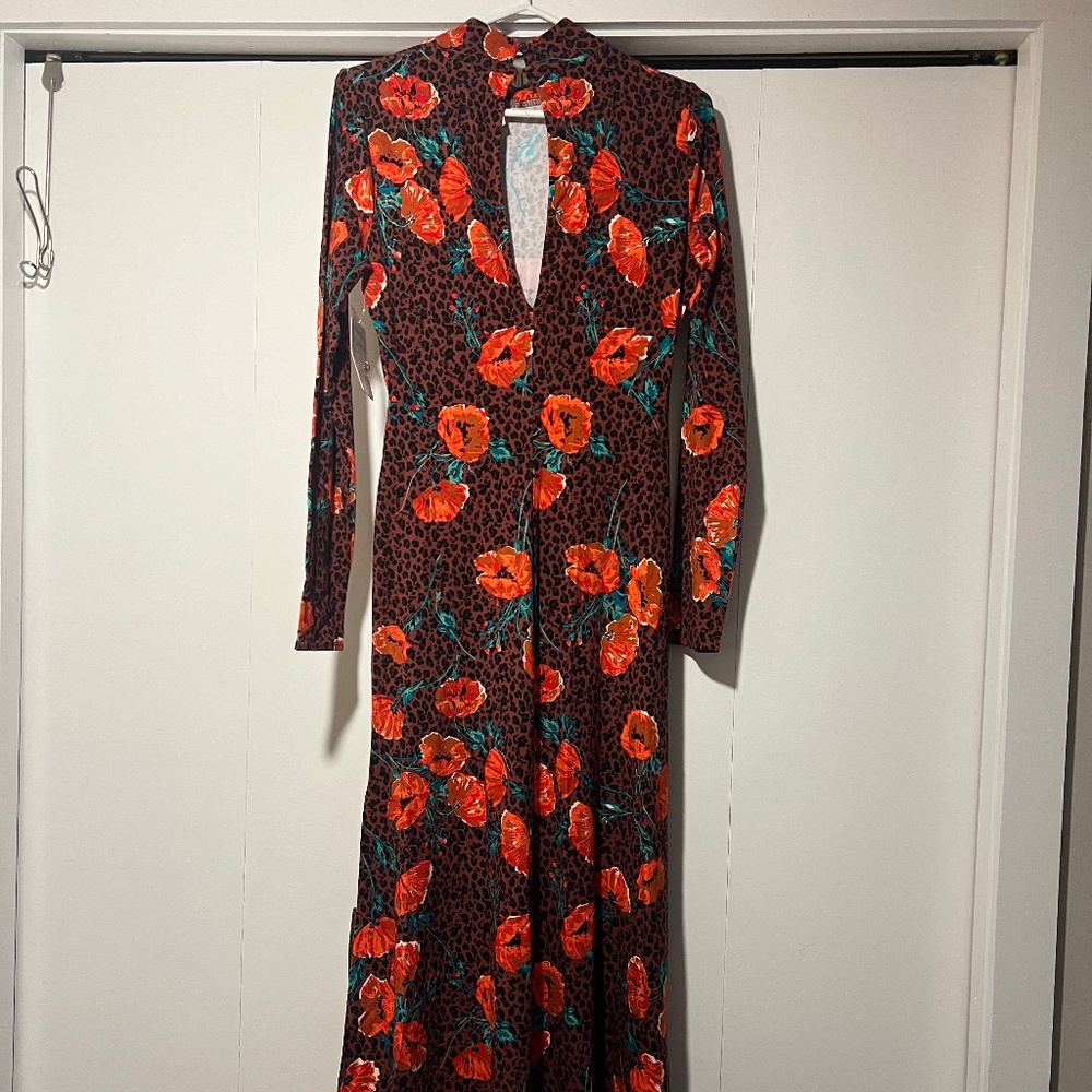 Free People Red Floral & Black Leopard Midi Dress with Teal Accents - Picture 5 of 6